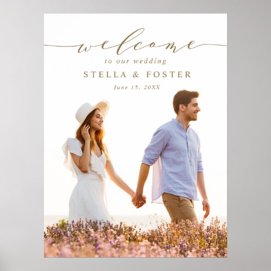 Elegantes Gold Calligraphy Foto Hochzeit Willkomme Poster (Vorne)