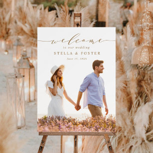 Elegantes Gold Calligraphy Foto Hochzeit Willkomme Poster
