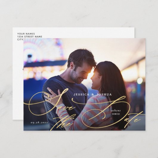 Elegantes Gold Calligraphy Foto Save the Date Postkarte (Vorne/Hinten)