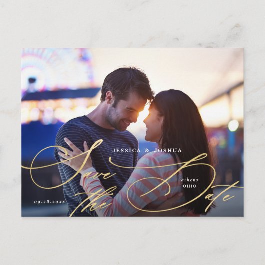 Elegantes Gold Calligraphy Foto Save the Date Postkarte (Vorderseite)