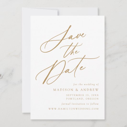 Elegantes Gold Calligraphy Foto Wedding Save The Date (Vorderseite)