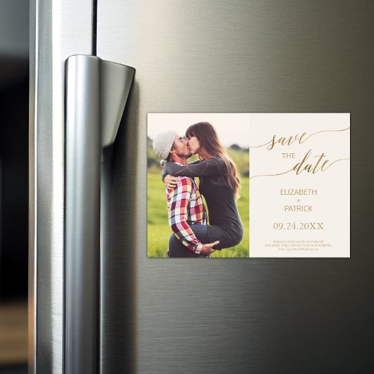 Elegantes Gold Calligraphy Ivory Foto Save the Dat Magneteinladung