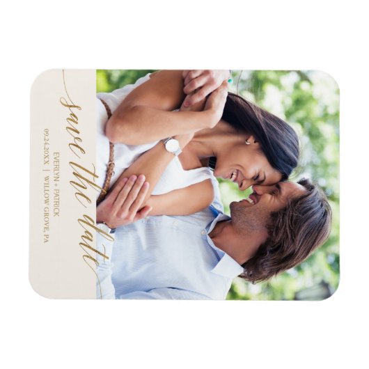 Elegantes Gold Calligraphy Ivory Save the Date Fot Magnet (Horizontal)