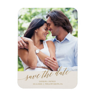 Elegantes Gold Calligraphy Ivory Save the Date Fot Magnet