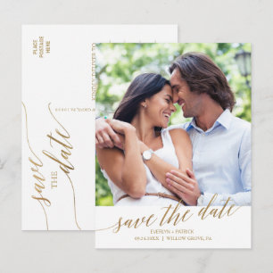 Elegantes Gold Calligraphy Save the Date Foto Ankündigungspostkarte