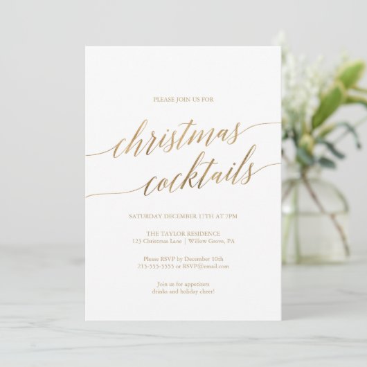 Elegantes Gold Calligraphy Weihnachtscocktail-Part Einladung (Stehend Vorderseite)