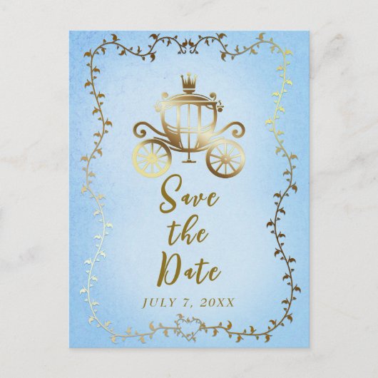 Elegantes Gold Carriage Storybook Save the Date Ankündigungspostkarte (Vorderseite)