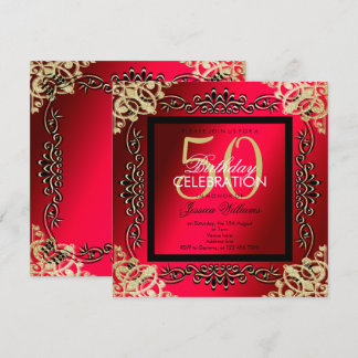 Elegantes Gold & Cerise Frauen 50. Geburtstag Einladung