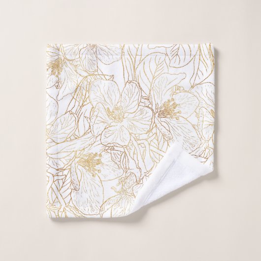 Elegantes Gold Cherry Blossom Blume Weißes Design Badhandtuch Set (Waschlappen)