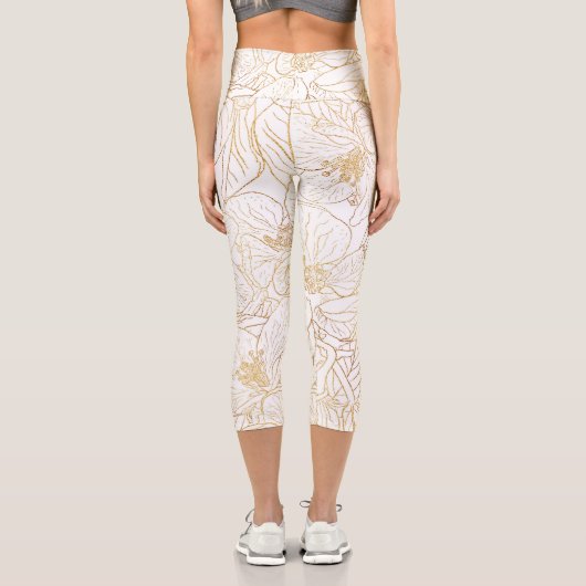 Elegantes Gold Cherry Blossom Blume Weißes Design Capri Leggings (Rückseite)