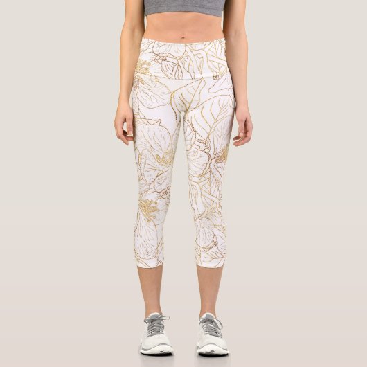 Elegantes Gold Cherry Blossom Blume Weißes Design Capri Leggings (Vorderseite)