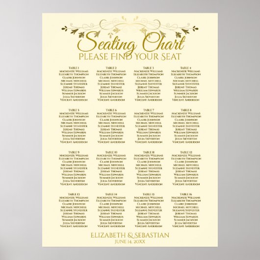 Elegantes Gold Cream 16 Table Wedding Seating Char Poster (Vorne)