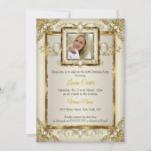 Elegantes Gold Cream Pearl Damask Foto Geburtstag Einladung (Vorderseite)