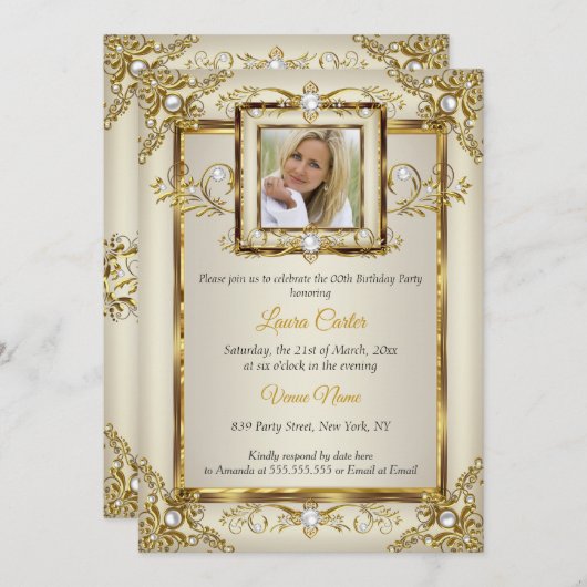 Elegantes Gold Cream Pearl Damask Foto Geburtstag Einladung (Vorne/Hinten)