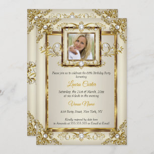 Elegantes Gold Cream Pearl Damask Foto Geburtstag Einladung