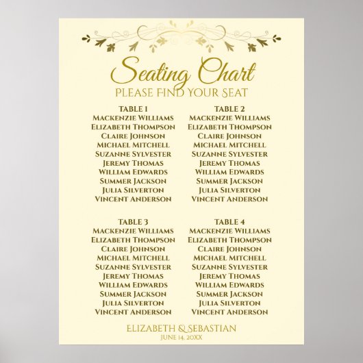 Elegantes Gold & Creme 4 Table Wedding Chart Poster (Vorne)