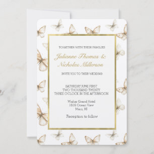 Elegantes Gold Creme Weiß Schmetterlinge Hochzeit  Einladung