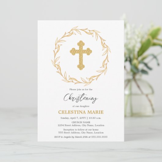 Elegantes Gold Cross Christening Einladung (Stehend Vorderseite)