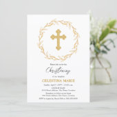 Elegantes Gold Cross Christening Einladung (Stehend Vorderseite)