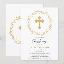 Elegantes Gold Cross Christening Einladung