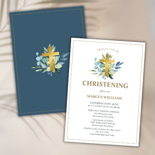 Elegantes Gold Cross Christening Einladung