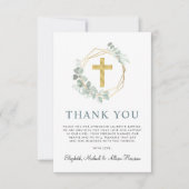 Elegantes Gold Cross Greenerity Wreath Foto Taufe Dankeskarte (Vorderseite)