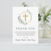 Elegantes Gold Cross Greenerity Wreath Foto Taufe Dankeskarte (Stehend Vorderseite)