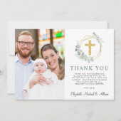 Elegantes Gold Cross Grüne Foto Collage Taufe Dankeskarte (Vorderseite)