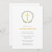 Elegantes Gold Cross & Kranz Osterbrunch Einladung (Vorne/Hinten)