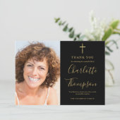 Elegantes Gold-Cross-Memorial-Beerdigung-Foto Dankeskarte (Stehend Vorderseite)