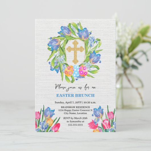 Elegantes Gold Cross Ostereier Einladung (Stehend Vorderseite)