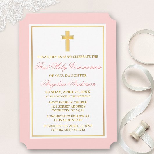 Elegantes Gold Cross Rosa Erste Kommune Einladung