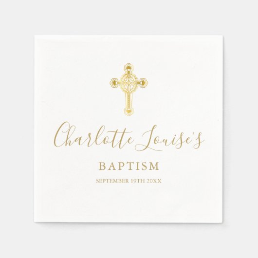 Elegantes Gold Cross Signature Taufe Christening N Serviette (Vorderseite)
