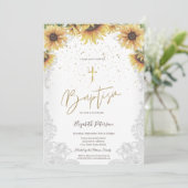 Elegantes Gold Cross Sonnenblumen Weißer Spitzen T Einladung (Stehend Vorderseite)