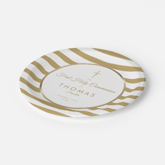 Elegantes Gold Cross Stripe Erste Heilige Kommune Pappteller (Schrägansicht)