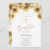 Elegantes Gold Cross Sunflowers Taufe Einladung (Vorne/Hinten)