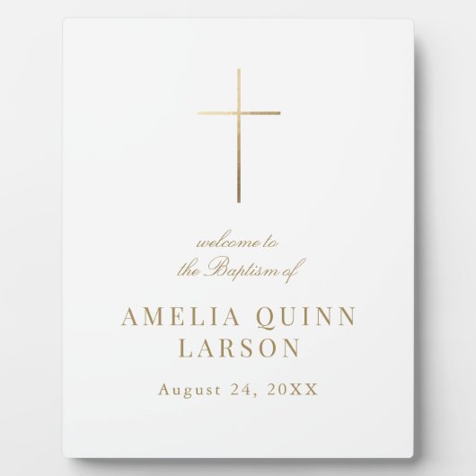 Elegantes Gold Cross Taufen Begrüßung Fotoplatte (Vorderseite)