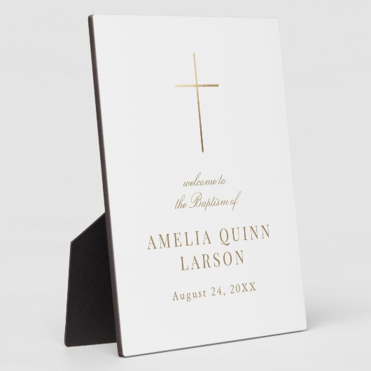 Elegantes Gold Cross Taufen Begrüßung Fotoplatte (Seite)