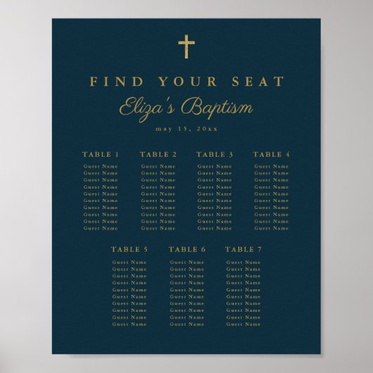 Elegantes Gold Cross Taufen Seating Chart Poster (Vorne)