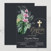 Elegantes Gold Cross Tropical Blume Dunkle Taufe Einladung (Vorne/Hinten)