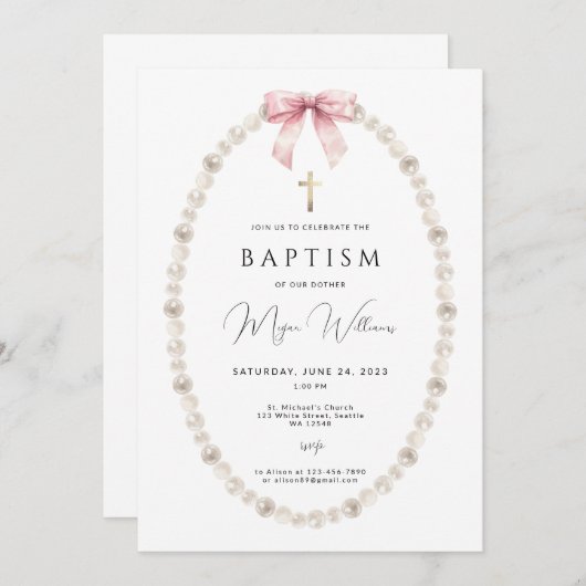 Elegantes Gold Cross und Peals Girl Taufe Einladung (Vorne/Hinten)