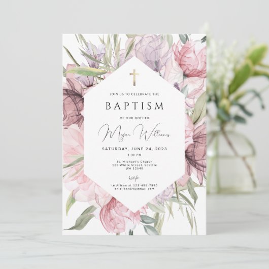 Elegantes Gold Cross und Peals Mädchen Taufe Invit Einladung (Stehend Vorderseite)