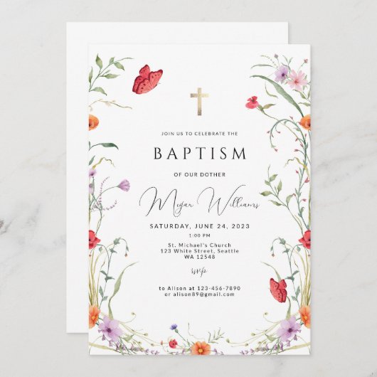 Elegantes Gold Cross und Peals Mädchen Taufe Invit Einladung (Vorne/Hinten)