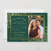 Elegantes Gold Curls Emerald Calendar Foto Hochzei Save The Date (Vorderseite)