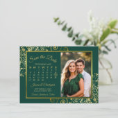 Elegantes Gold Curls Emerald Calendar Foto Hochzei Save The Date (Stehend Vorderseite)