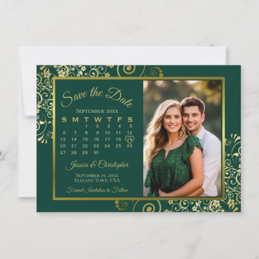 Elegantes Gold Curls Emerald Calendar Foto Hochzei Save The Date (Vorderseite)