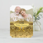Elegantes Gold Damask Foto 50 Jahre Jubiläum Einladung (Stehend Vorderseite)