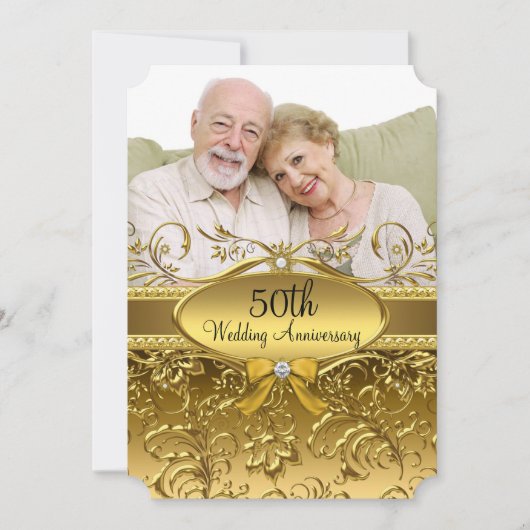 Elegantes Gold Damask Foto 50 Jahre Jubiläum Einladung (Vorderseite)