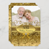 Elegantes Gold Damask Foto 50 Jahre Jubiläum Einladung (Vorne/Hinten)