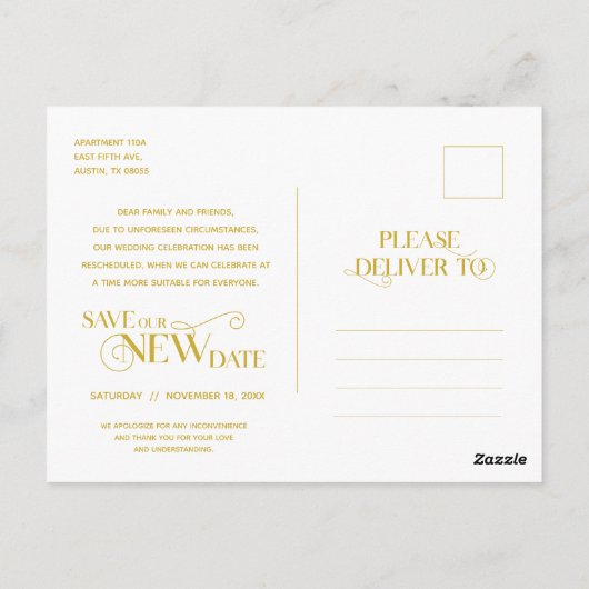 Elegantes Gold, das neue Datum Gerettet, Zurückste Postkarte (Rückseite)